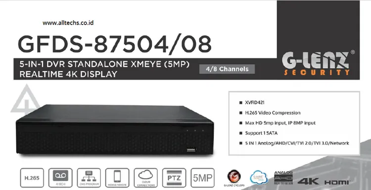 G-LENZ 5-IN-1 DVR STANDALONE XMEYE (5MP)   8 Channels<br>REALTIME 4K DISPLAY GFDS-87504/08 2 87504_08